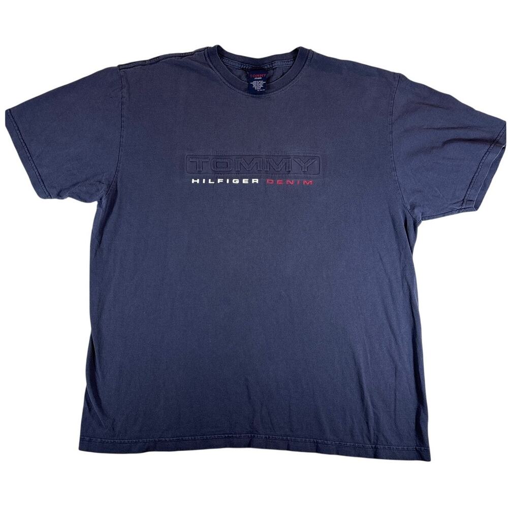 Vintage Y2K Tommy Hilfiger Denim Embossed Logo Tee Dark Blue Mens XL